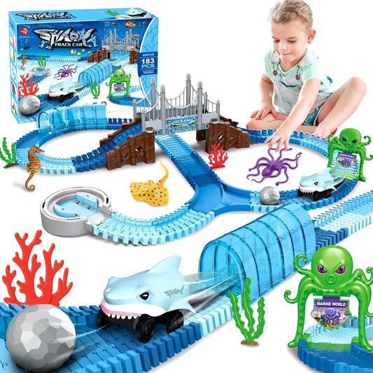 Track Toys Shark Race Car Toy for Boys Girls Age 3+ Bendable Flexible Racetrack Cars Ocean Train Toy STEM Educate Kid Set