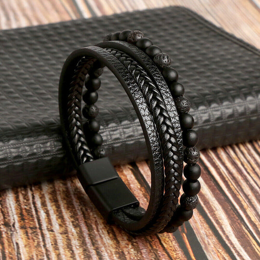 Mens Leather Braided Surfer Wristband Bracelet Bangle Wrap Beads Bracelets Gift