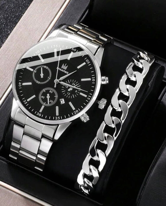 Watch Gift Set for Men Silver & Black with Silver Bracelet Watches Free P&P UK